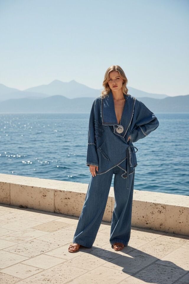 Luna İndigo Bağlamalı Tencel Ceket (Önden Bağlamalı Tencel Ceket)