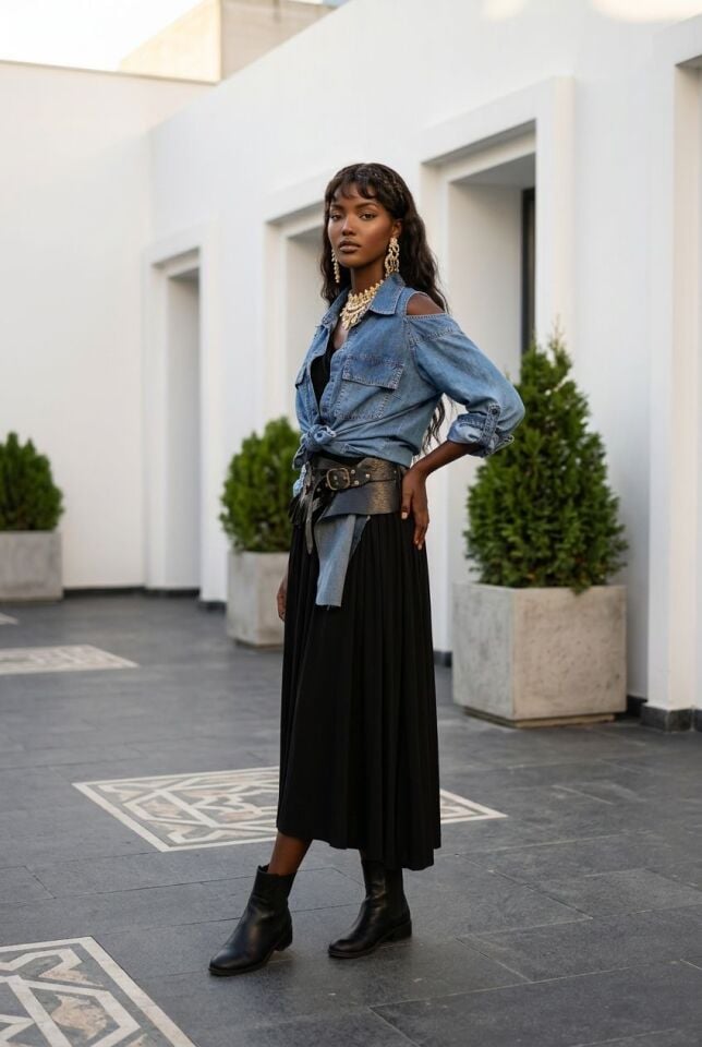 Üstten Cepli Omuzu Pencereli Tencel Gömlek Ceket