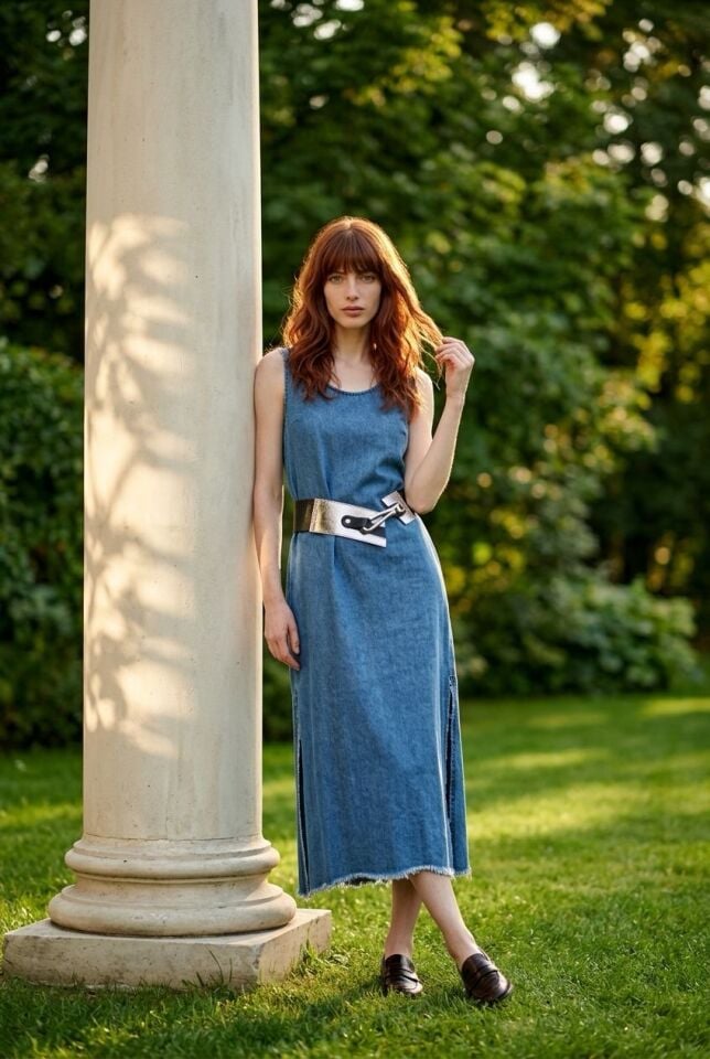 İndigo Tencel Yırtmaçlı Elbise