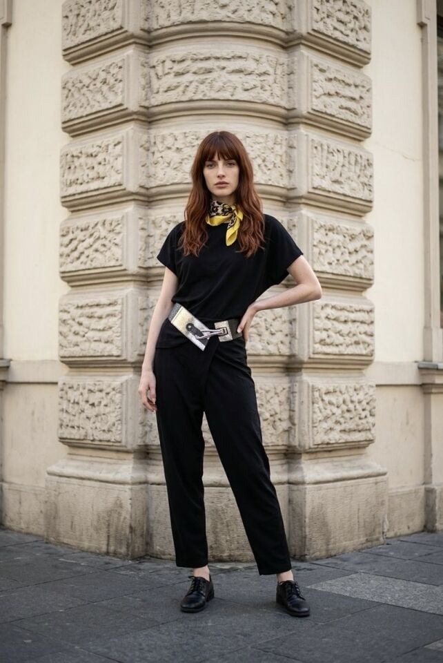 Siyah Katlamalı Detaylı Pantolon