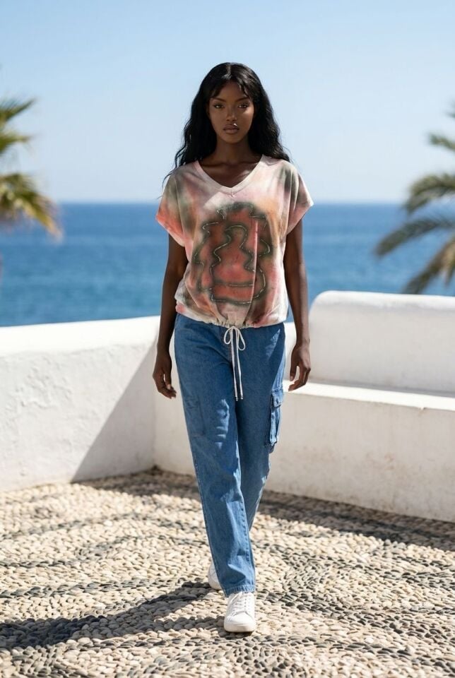 V yaka bağcıklı tunik